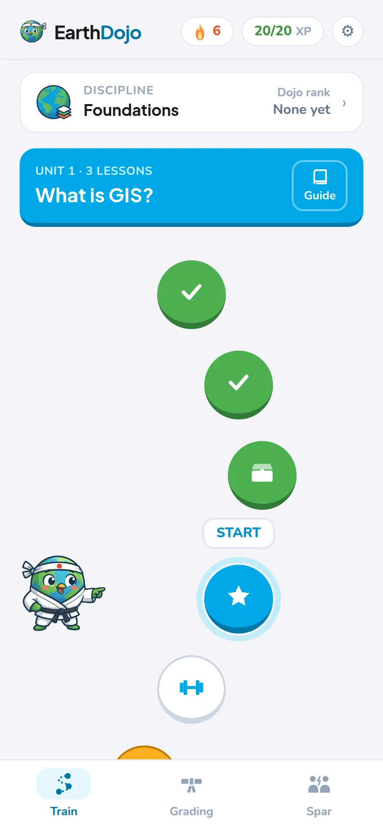 The training path: units by topic, each a few short lessons, a practice round and a checkpoint