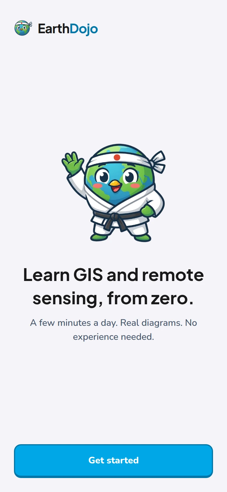 The EarthDojo app's welcome screen: Learn GIS and remote sensing, from zero