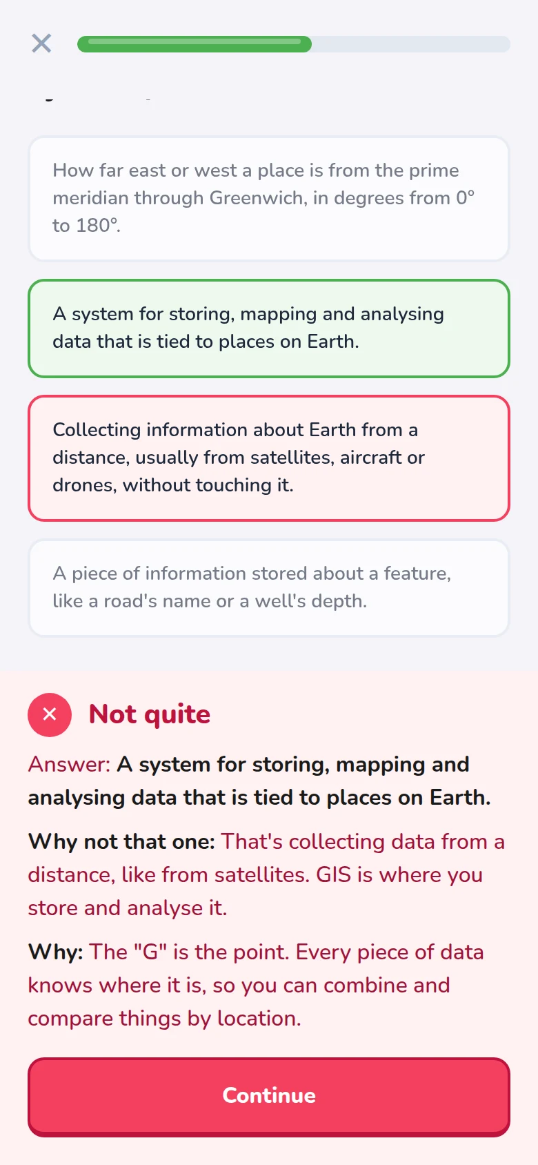 A question in the app, with why the right answer is right and why the picked one is wrong